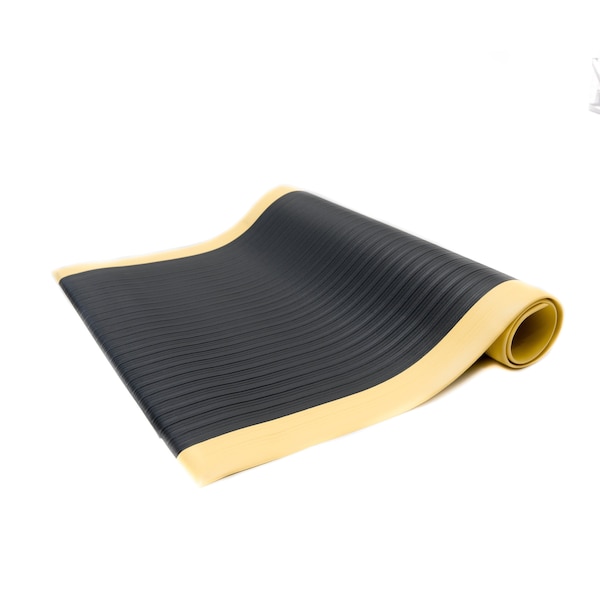 Antifatigue Mat, 12 ft. L x 3 ft. W, 3/8 in Thickness, Ribbed, Black/Yellow